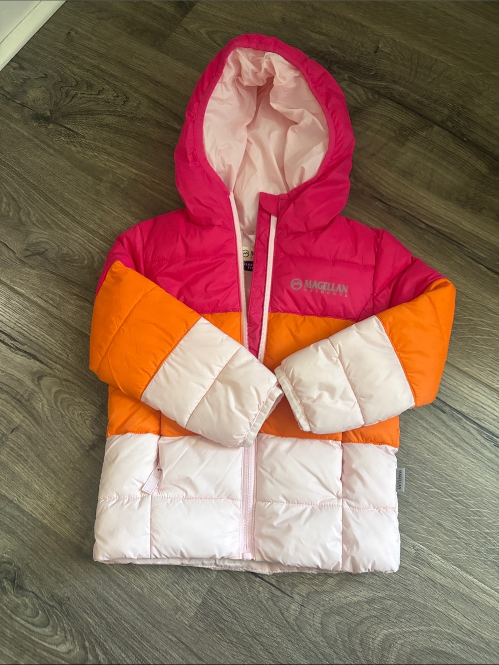 Magellan Outdoors Kids Colorblock Puffer Jacket in Hot Pink, Orange & Light Pink